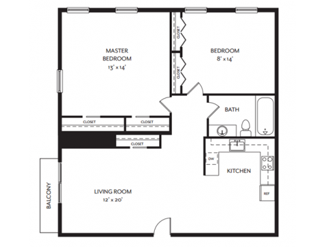 Floor plan for 2 beds, 1 bath, 960 sqft